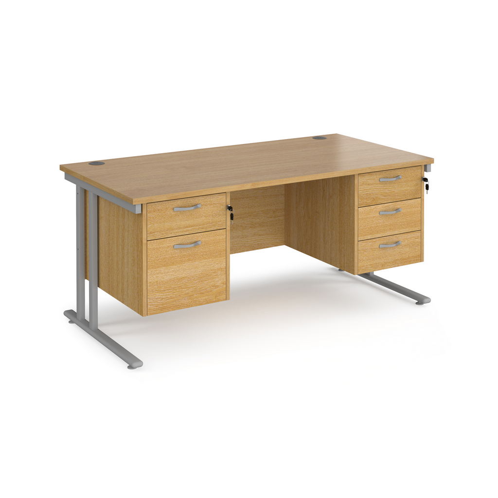 Picture of Maestro 25 straight desk 1600mm x 800mm with 2 and 3 drawer pedestals - silver cantilever leg frame, oak top