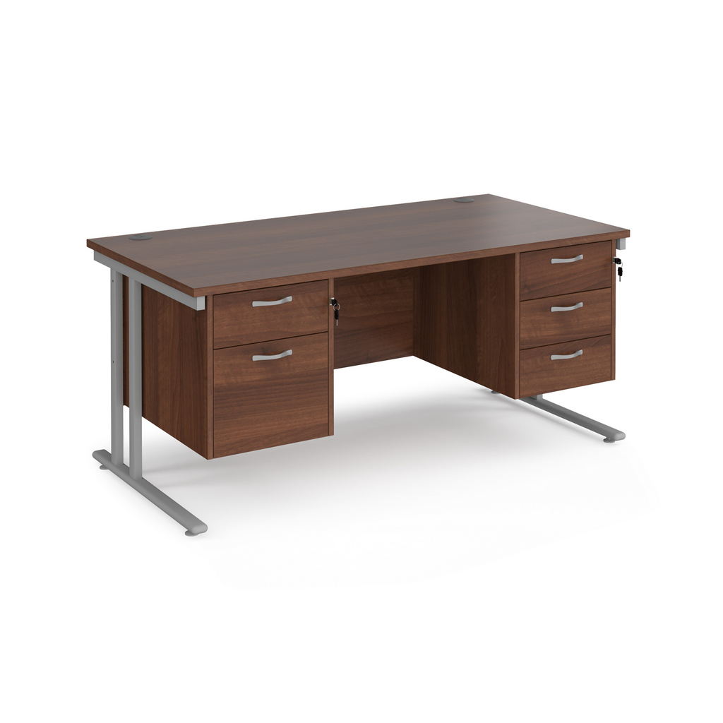 Picture of Maestro 25 straight desk 1600mm x 800mm with 2 and 3 drawer pedestals - silver cantilever leg frame, walnut top