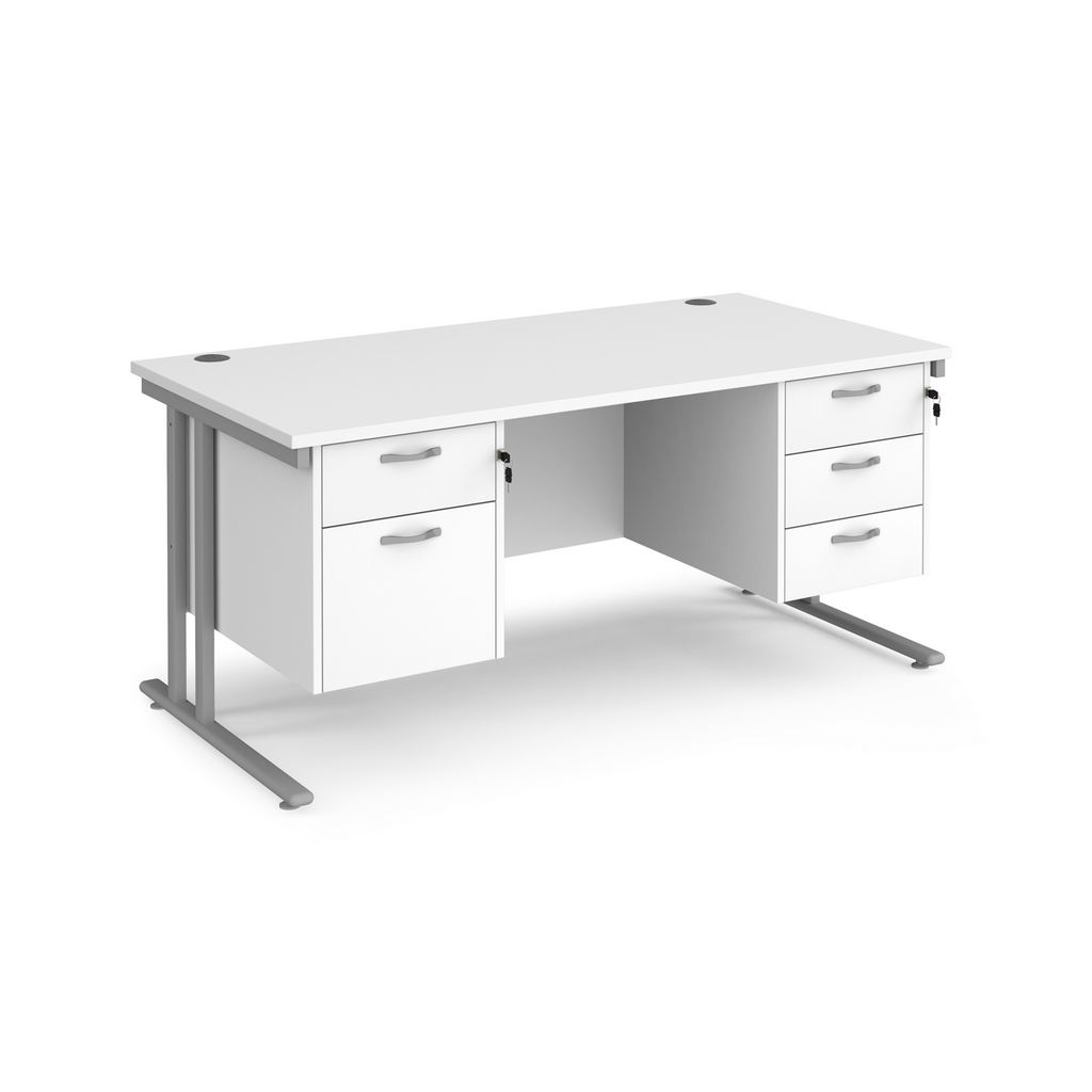 Picture of Maestro 25 straight desk 1600mm x 800mm with 2 and 3 drawer pedestals - silver cantilever leg frame, white top