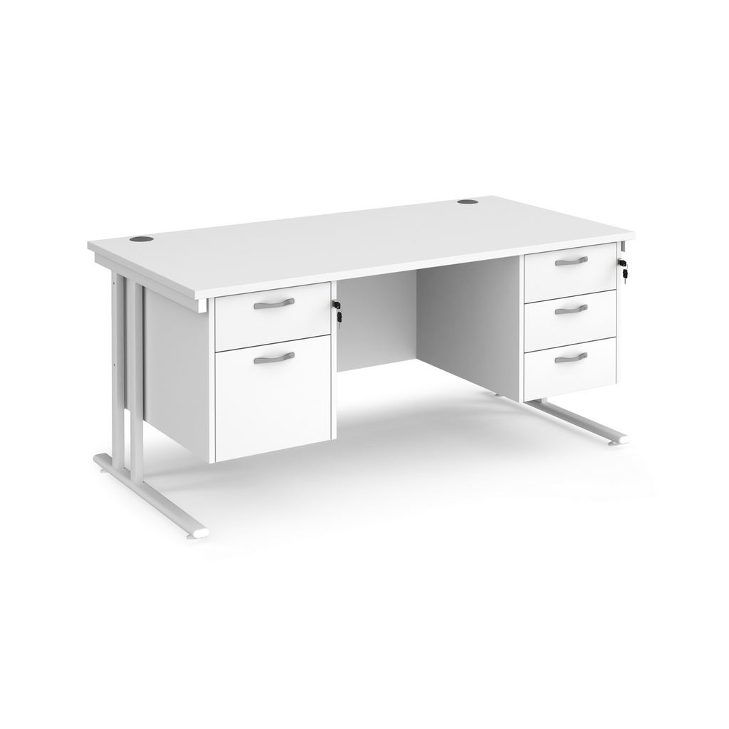 Picture of Maestro 25 straight desk 1600mm x 800mm with 2 and 3 drawer pedestals - white cantilever leg frame, white top