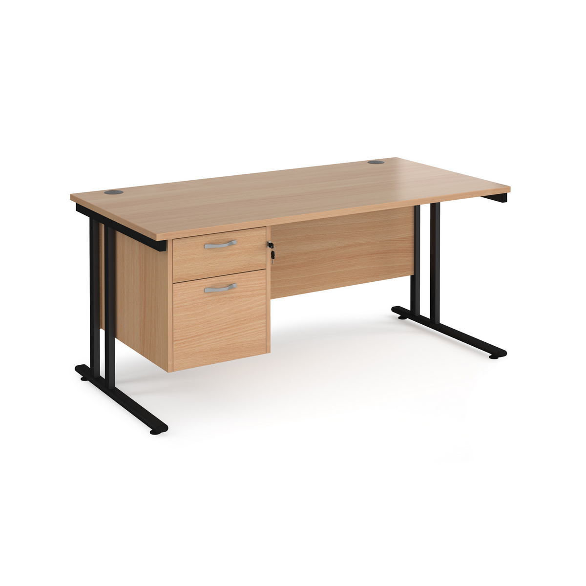 Picture of Maestro 25 straight desk 1600mm x 800mm with 2 drawer pedestal - black cantilever leg frame, beech top