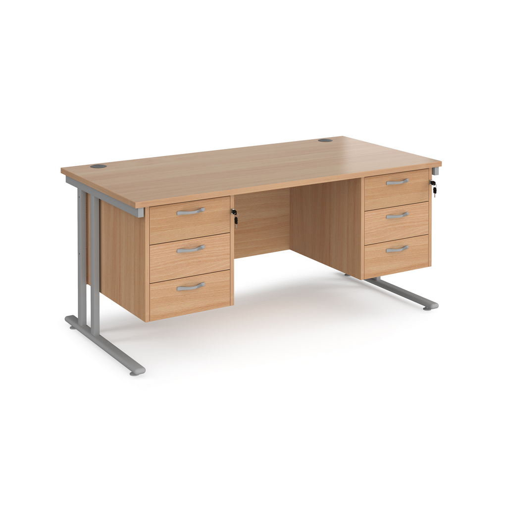 Picture of Maestro 25 straight desk 1600mm x 800mm with two x 3 drawer pedestals - silver cantilever leg frame, beech top