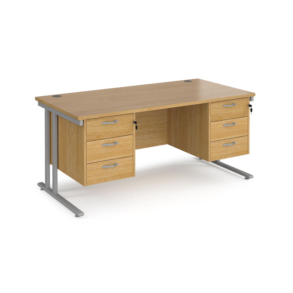 Picture of Maestro 25 straight desk 1600mm x 800mm with two x 3 drawer pedestals - silver cantilever leg frame, oak top