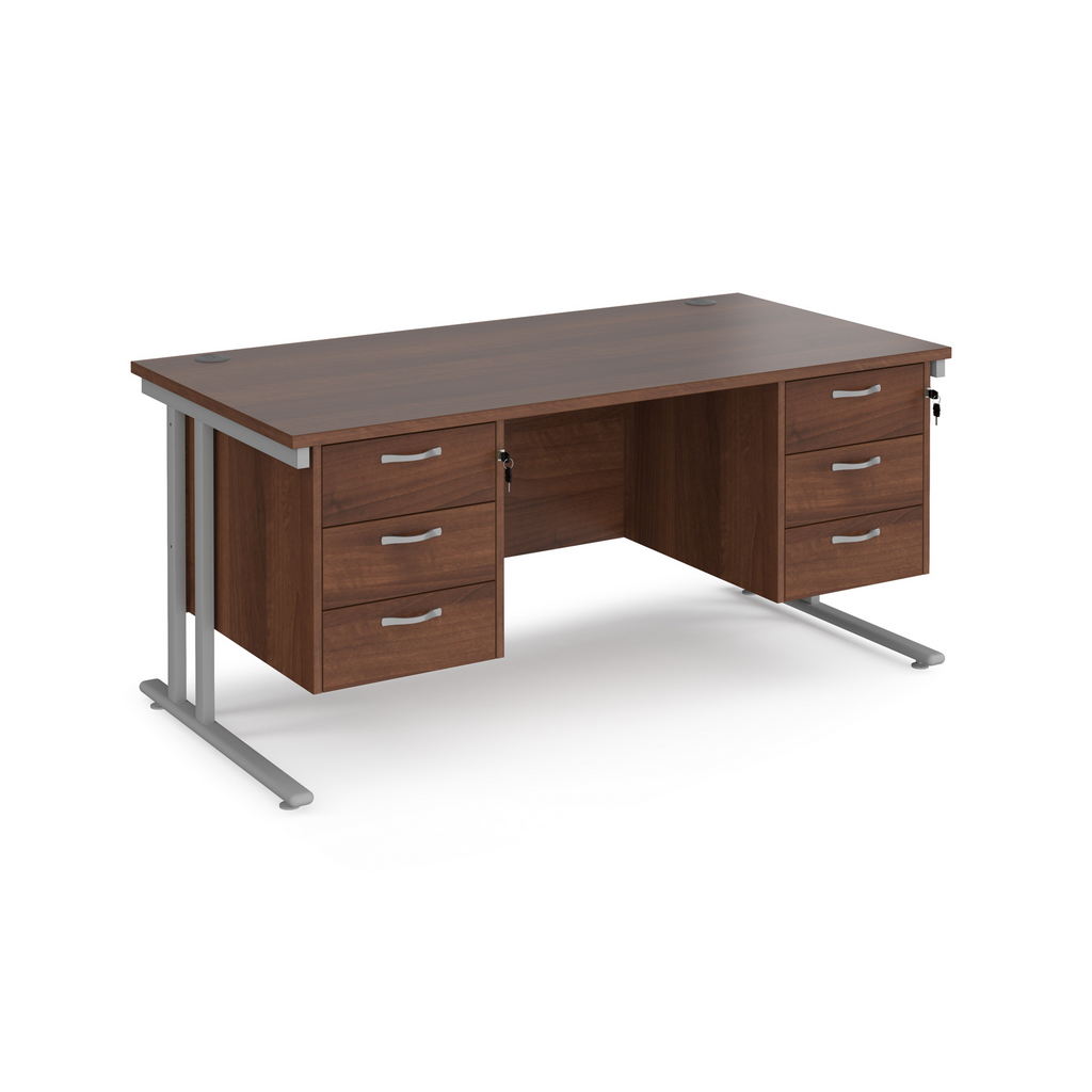 Picture of Maestro 25 straight desk 1600mm x 800mm with two x 3 drawer pedestals - silver cantilever leg frame, walnut top