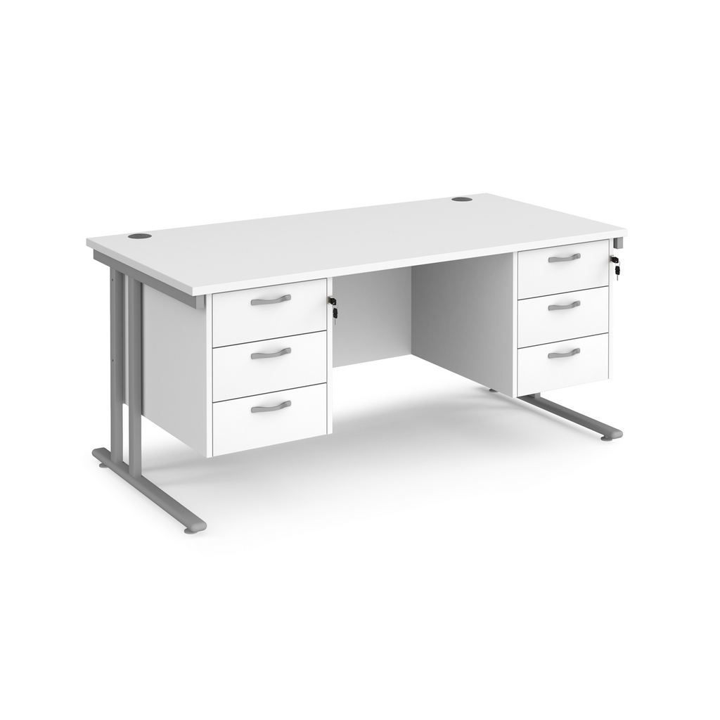 Picture of Maestro 25 straight desk 1600mm x 800mm with two x 3 drawer pedestals - silver cantilever leg frame, white top