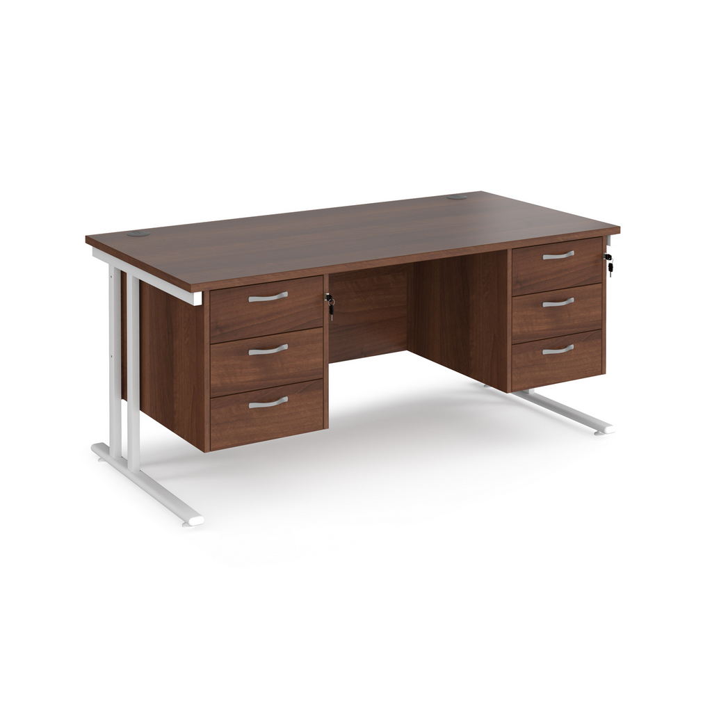 Picture of Maestro 25 straight desk 1600mm x 800mm with two x 3 drawer pedestals - white cantilever leg frame, walnut top