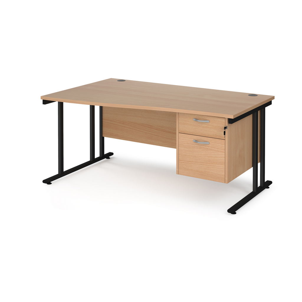 Picture of Maestro 25 left hand wave desk 1600mm wide with 2 drawer pedestal - black cantilever leg frame, beech top