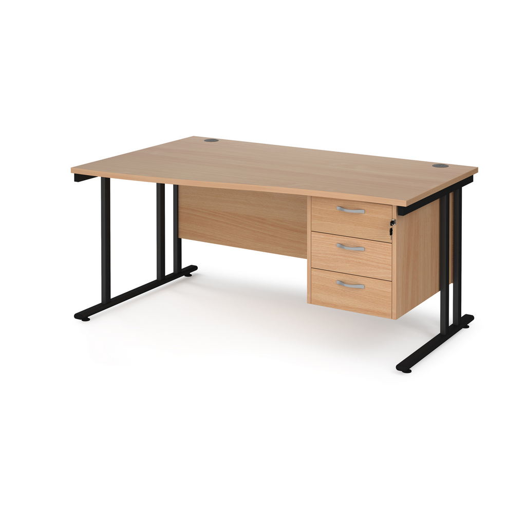 Picture of Maestro 25 left hand wave desk 1600mm wide with 3 drawer pedestal - black cantilever leg frame, beech top