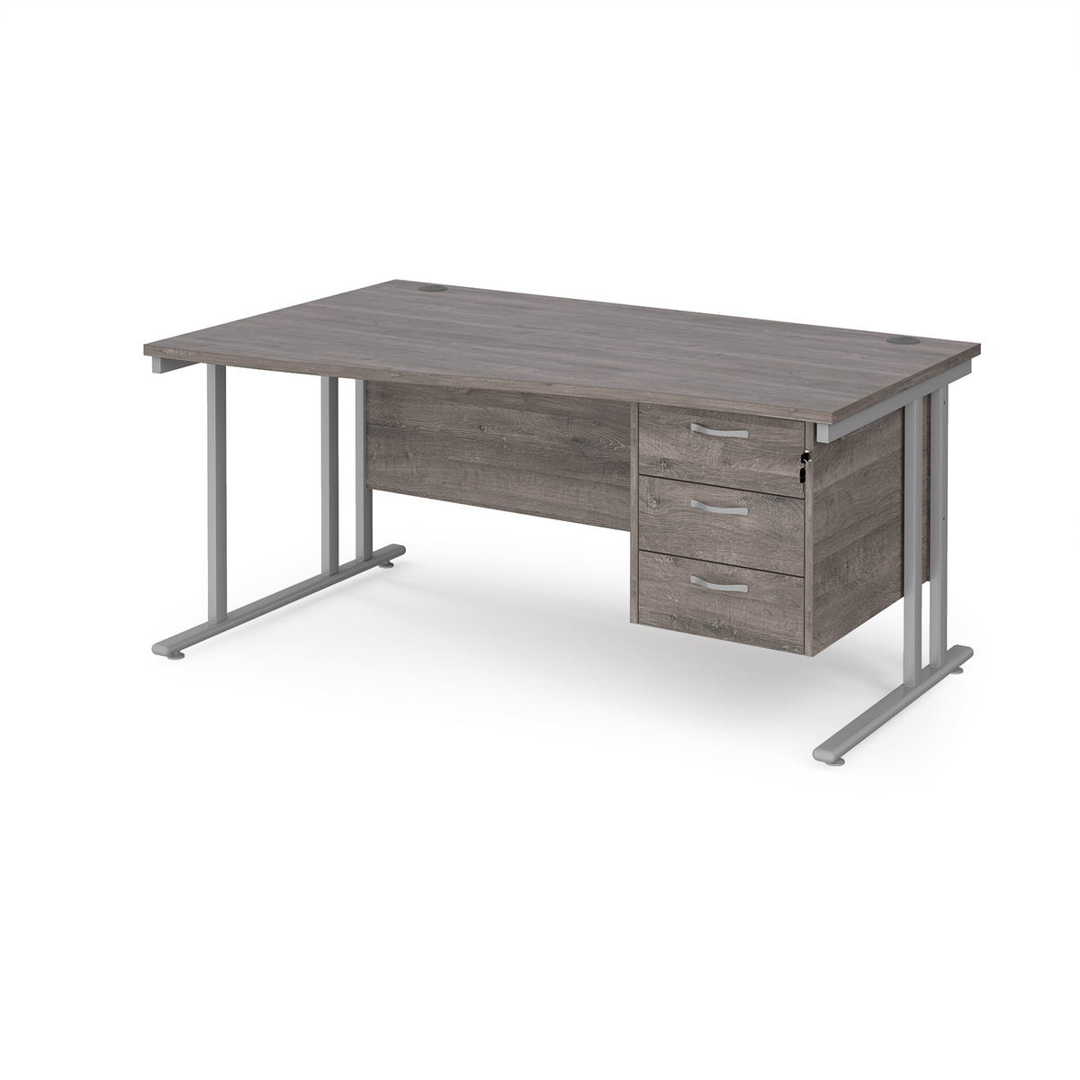 Picture of Maestro 25 left hand wave desk 1600mm wide with 3 drawer pedestal - silver cantilever leg frame, grey oak top
