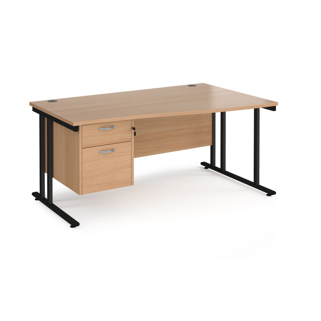 Picture of Maestro 25 right hand wave desk 1600mm wide with 2 drawer pedestal - black cantilever leg frame, beech top