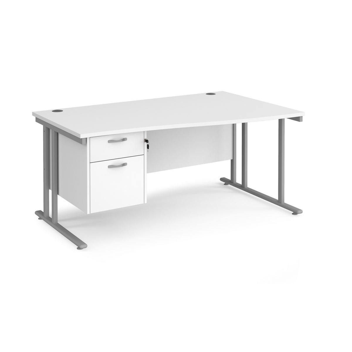 Picture of Maestro 25 right hand wave desk 1600mm wide with 2 drawer pedestal - silver cantilever leg frame, white top