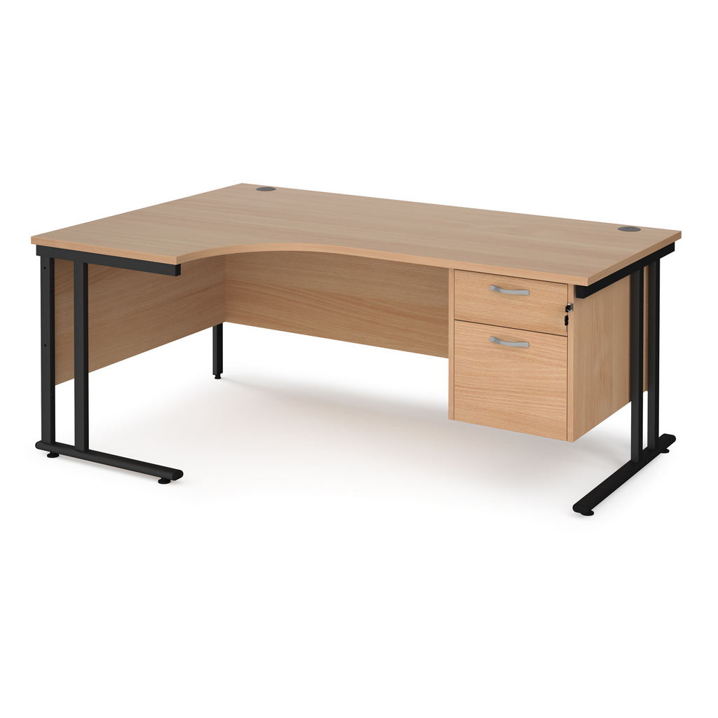 Picture of Maestro 25 left hand ergonomic desk 1800mm wide with 2 drawer pedestal - black cantilever leg frame, beech top
