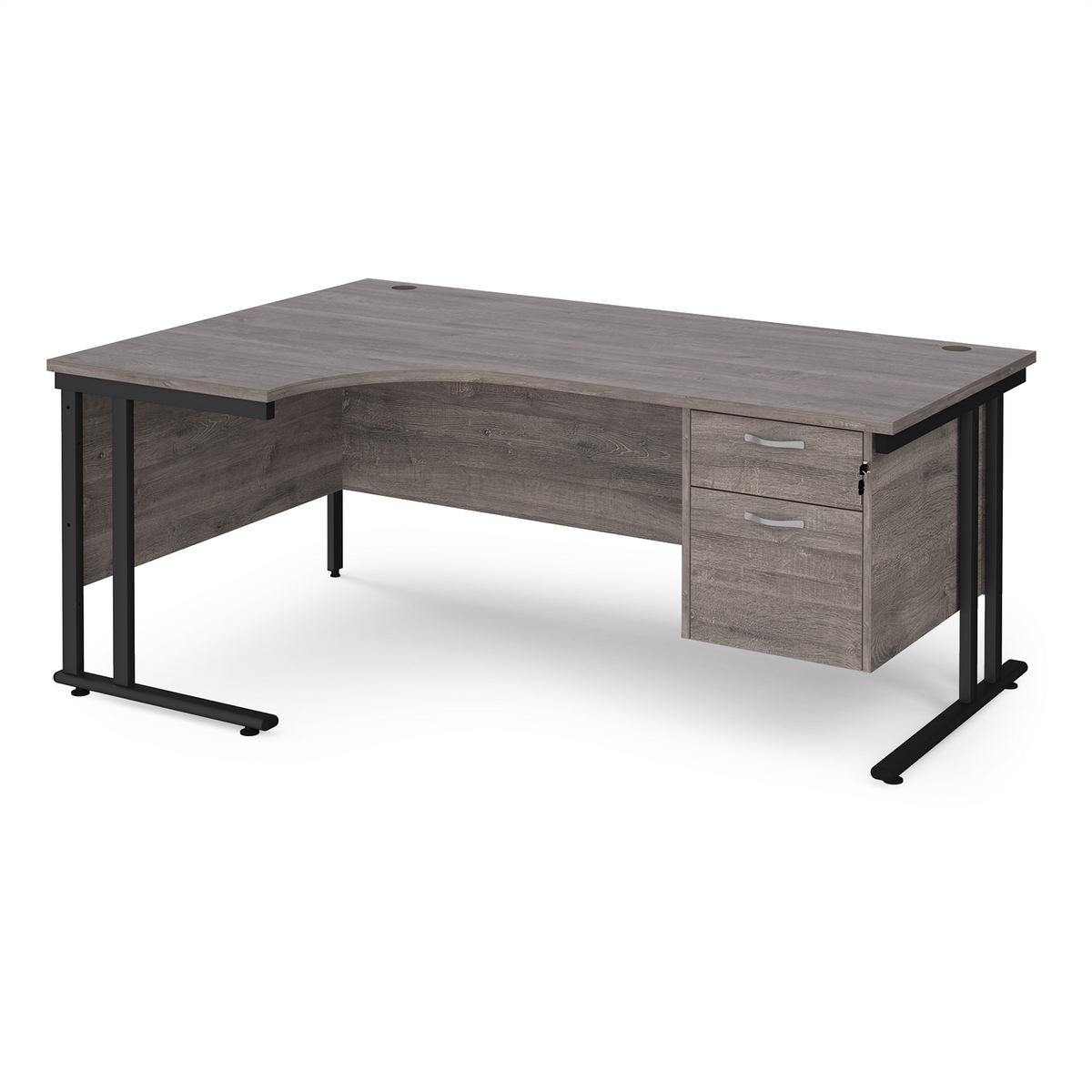 Picture of Maestro 25 left hand ergonomic desk 1800mm wide with 2 drawer pedestal - black cantilever leg frame, grey oak top