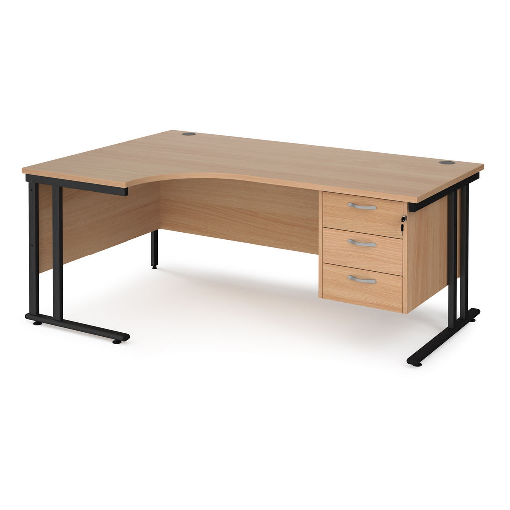 Picture of Maestro 25 left hand ergonomic desk 1800mm wide with 3 drawer pedestal - black cantilever leg frame, beech top