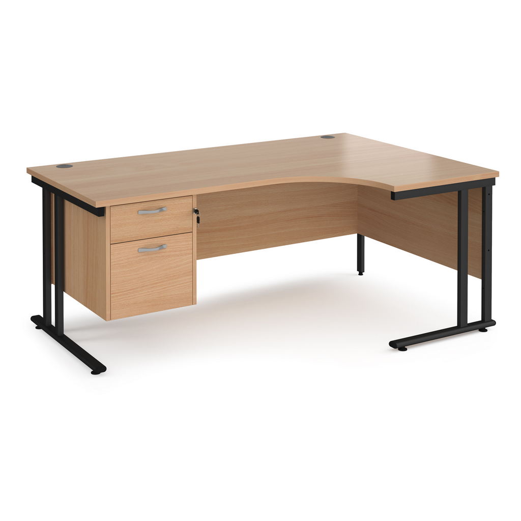 Picture of Maestro 25 right hand ergonomic desk 1800mm wide with 2 drawer pedestal - black cantilever leg frame, beech top