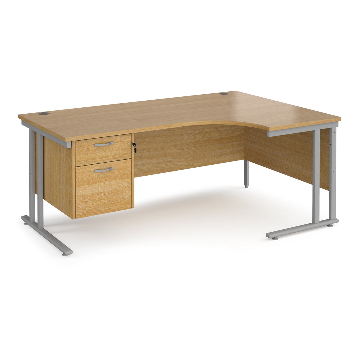 Picture of Maestro 25 right hand ergonomic desk 1800mm wide with 2 drawer pedestal - silver cantilever leg frame, oak top