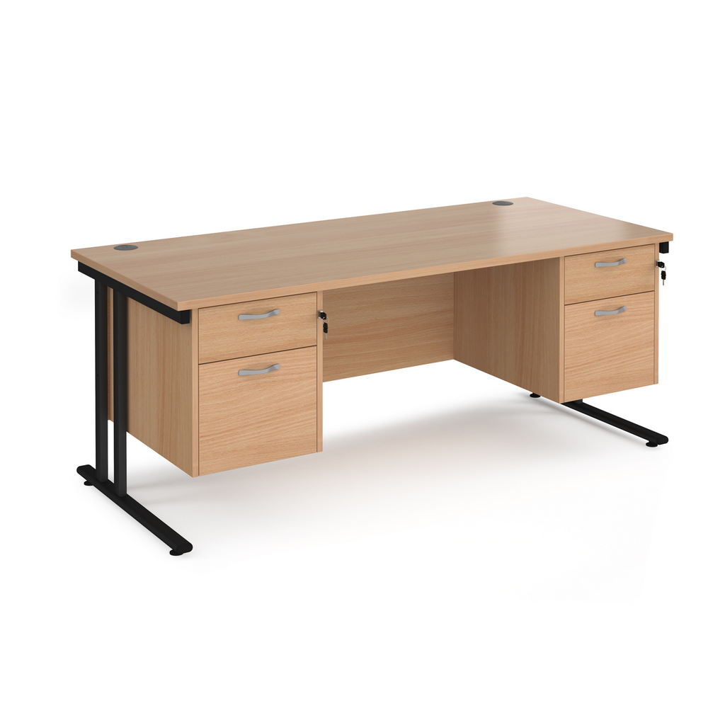 Picture of Maestro 25 straight desk 1800mm x 800mm with two x 2 drawer pedestals - black cantilever leg frame, beech top