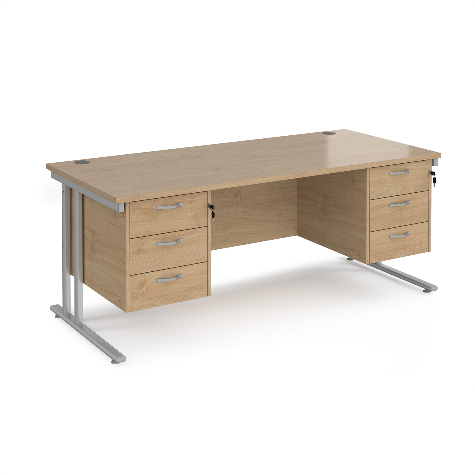 Picture of Maestro 25 straight desk 1800mm x 800mm with two x 3 drawer pedestals - silver cantilever leg frame, Kendal Oak Top