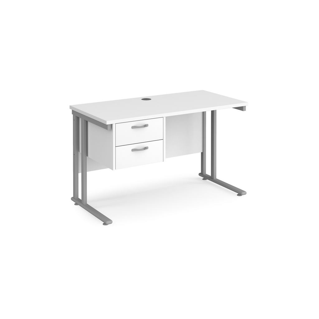 Picture of Maestro 25 straight desk 1200mm x 600mm with 2 drawer pedestal - silver cantilever leg frame, white top