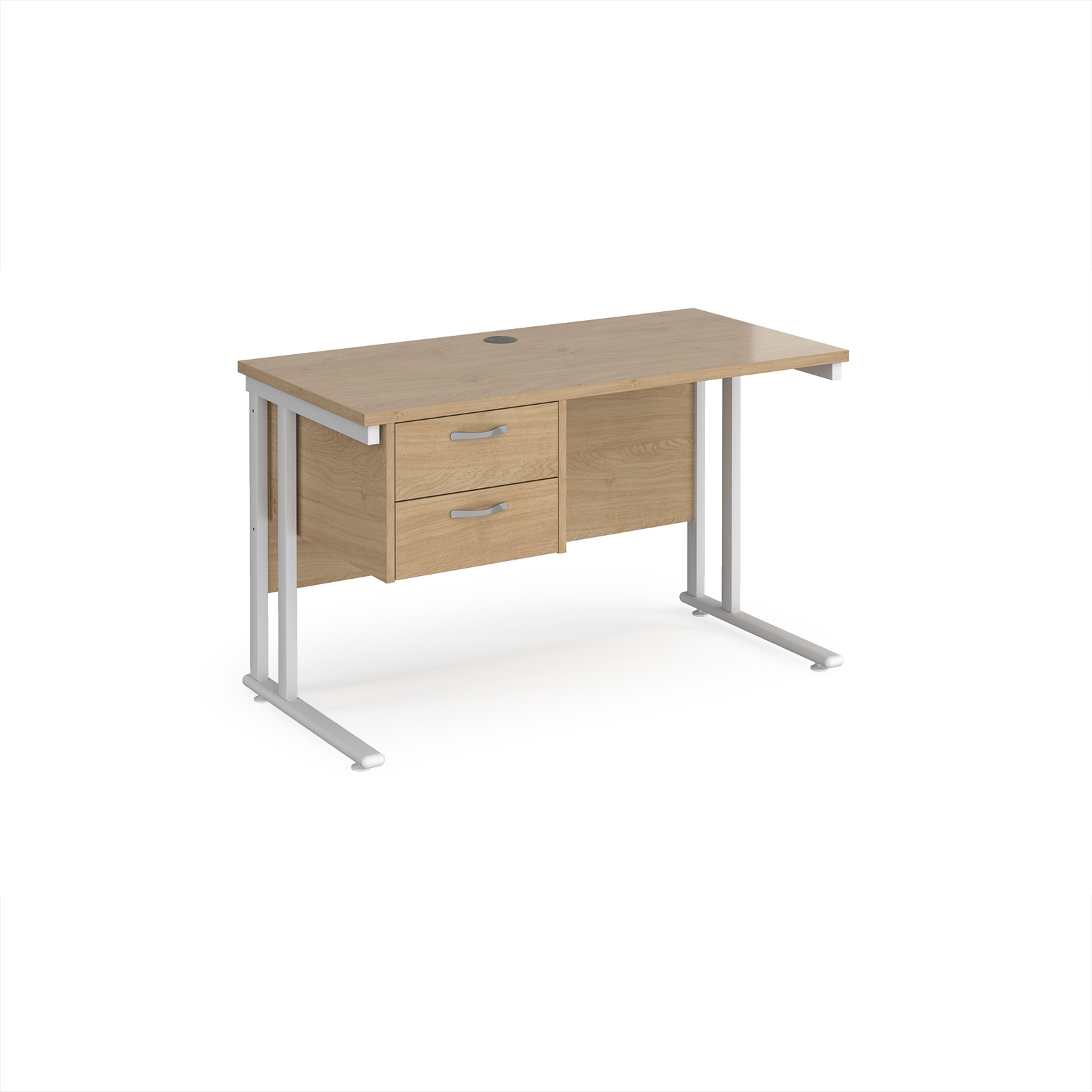 Picture of Maestro 25 straight desk 1200mm x 600mm with 2 drawer pedestal - white cantilever leg frame leg, Kendal Oak Top