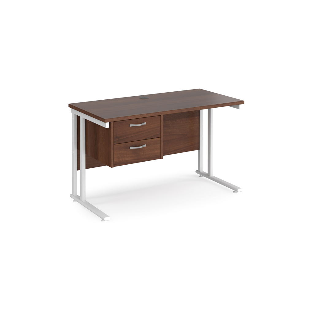 Picture of Maestro 25 straight desk 1200mm x 600mm with 2 drawer pedestal - white cantilever leg frame, walnut top