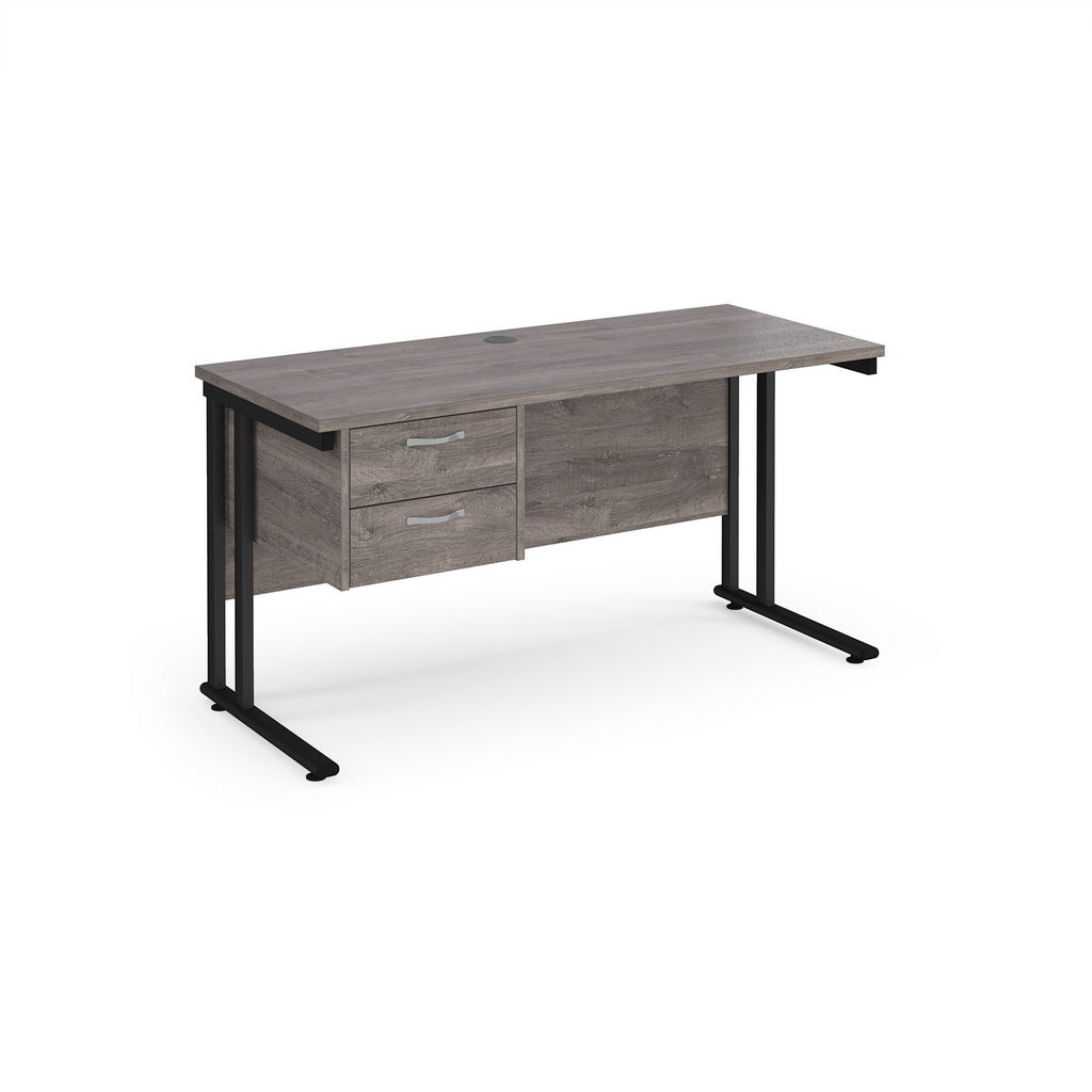 Picture of Maestro 25 straight desk 1400mm x 600mm with 2 drawer pedestal - black cantilever leg frame leg, grey oak top