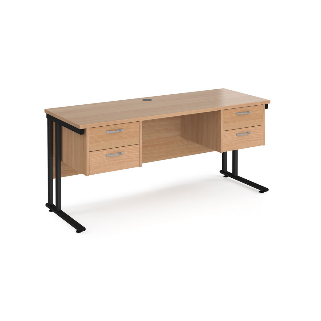 Picture of Maestro 25 straight desk 1600mm x 600mm with two x 2 drawer pedestals - black cantilever leg frame, beech top