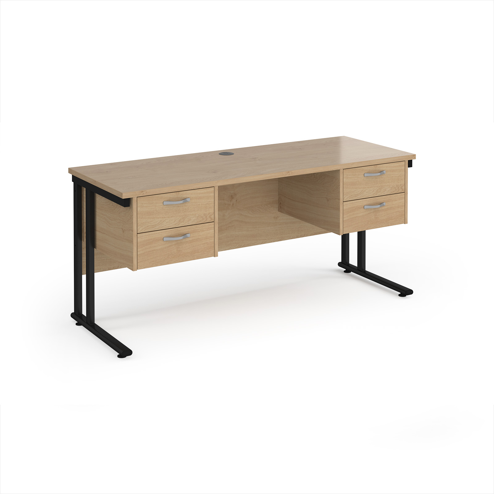Picture of Maestro 25 straight desk 1600mm x 600mm with two x 2 drawer pedestals - black cantilever leg frame leg, Kendal Oak Top