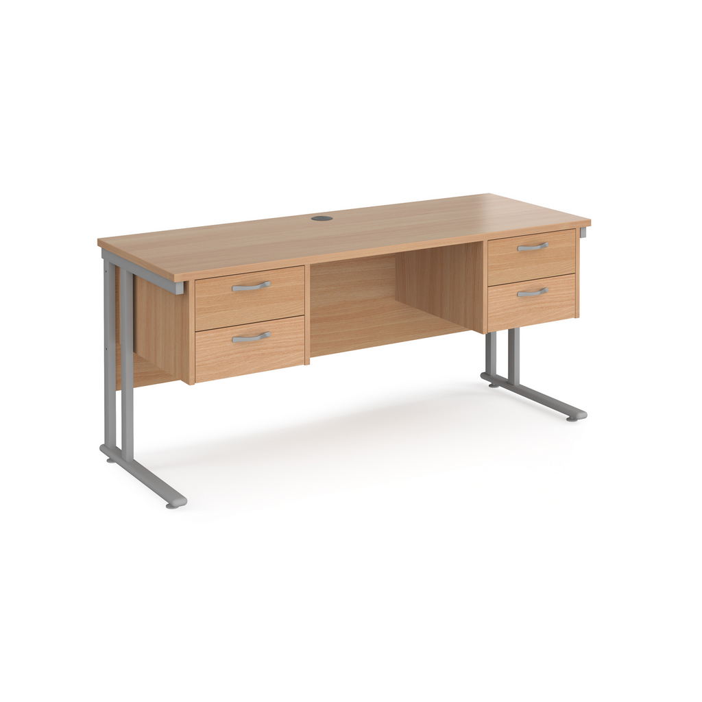 Picture of Maestro 25 straight desk 1600mm x 600mm with two x 2 drawer pedestals - silver cantilever leg frame, beech top