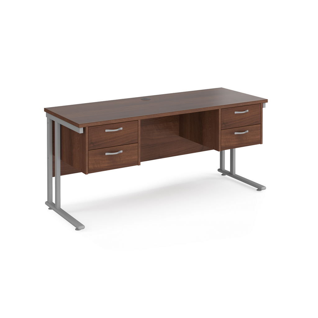 Picture of Maestro 25 straight desk 1600mm x 600mm with two x 2 drawer pedestals - silver cantilever leg frame, walnut top