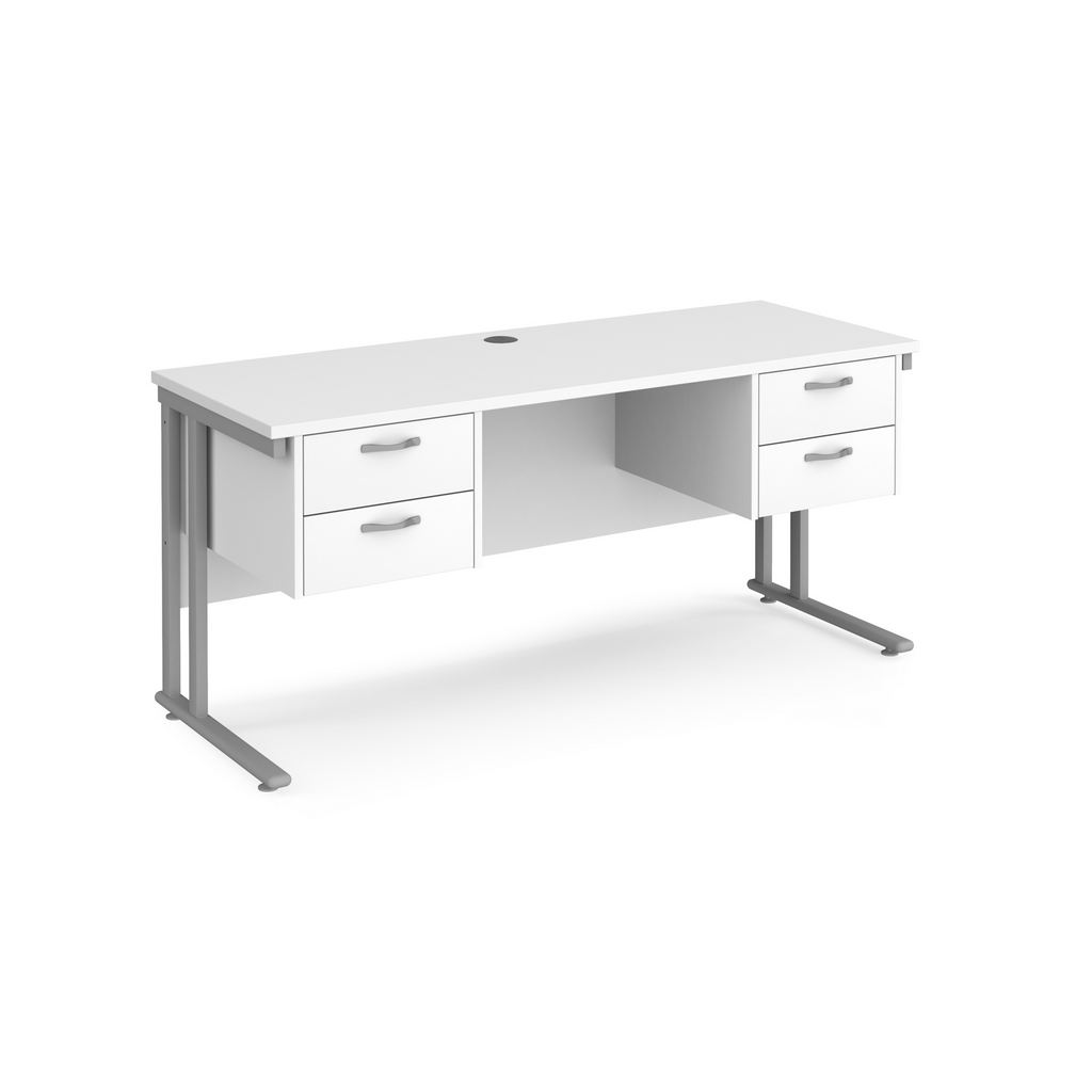 Picture of Maestro 25 straight desk 1600mm x 600mm with two x 2 drawer pedestals - silver cantilever leg frame, white top