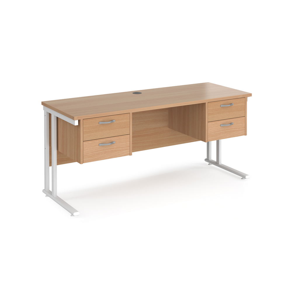 Picture of Maestro 25 straight desk 1600mm x 600mm with two x 2 drawer pedestals - white cantilever leg frame, beech top