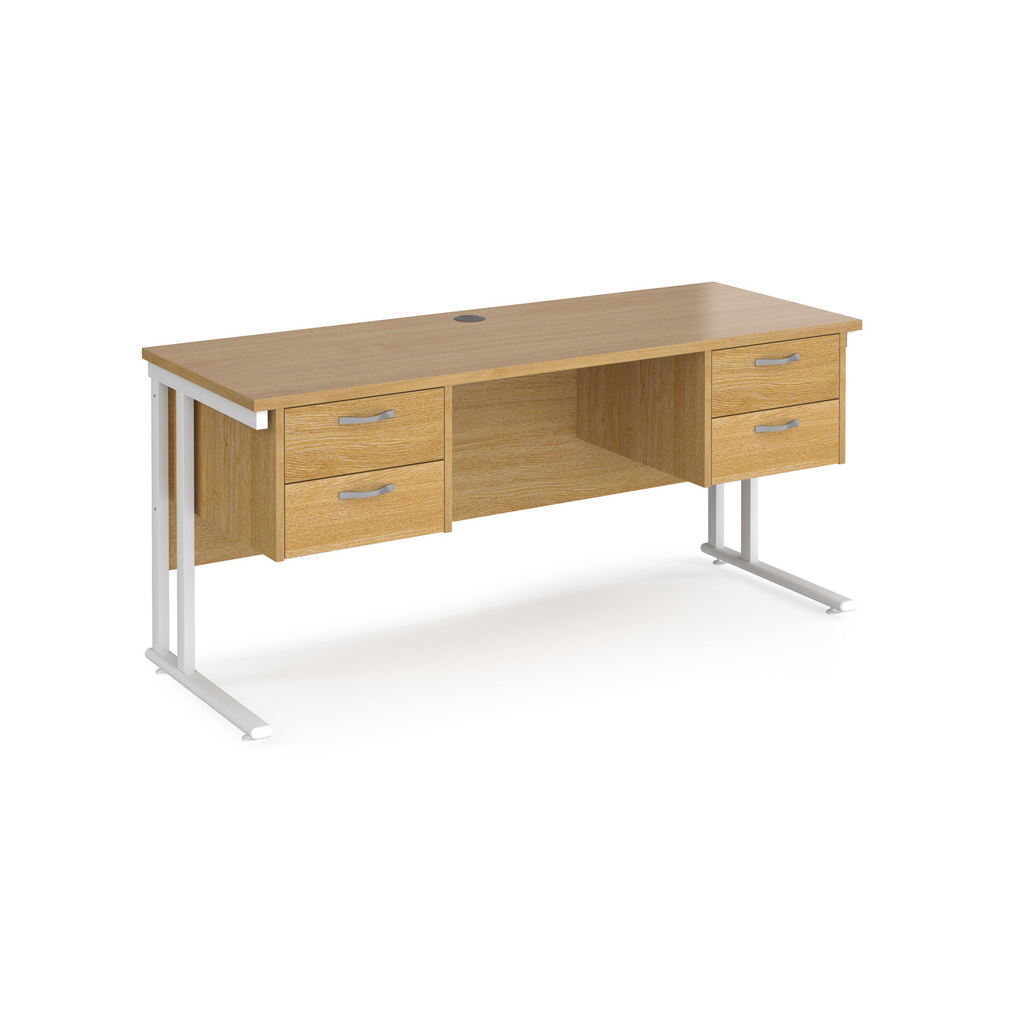 Picture of Maestro 25 straight desk 1600mm x 600mm with two x 2 drawer pedestals - white cantilever leg frame, oak top