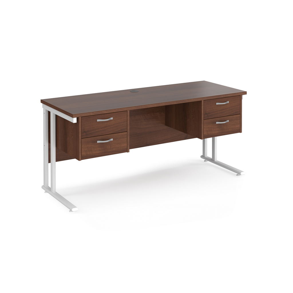 Picture of Maestro 25 straight desk 1600mm x 600mm with two x 2 drawer pedestals - white cantilever leg frame, walnut top