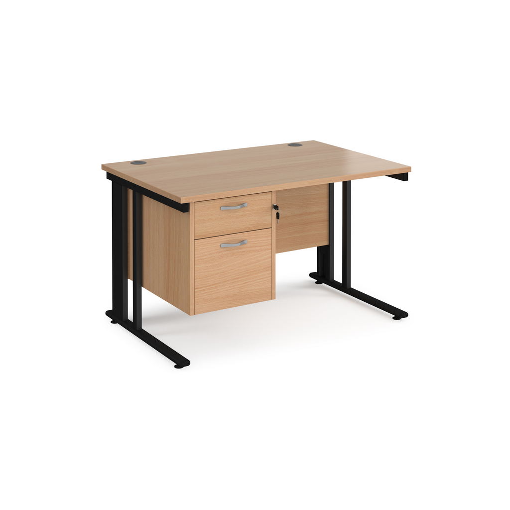 Picture of Maestro 25 straight desk 1200mm x 800mm with 2 drawer pedestal - black cable managed leg frame, beech top