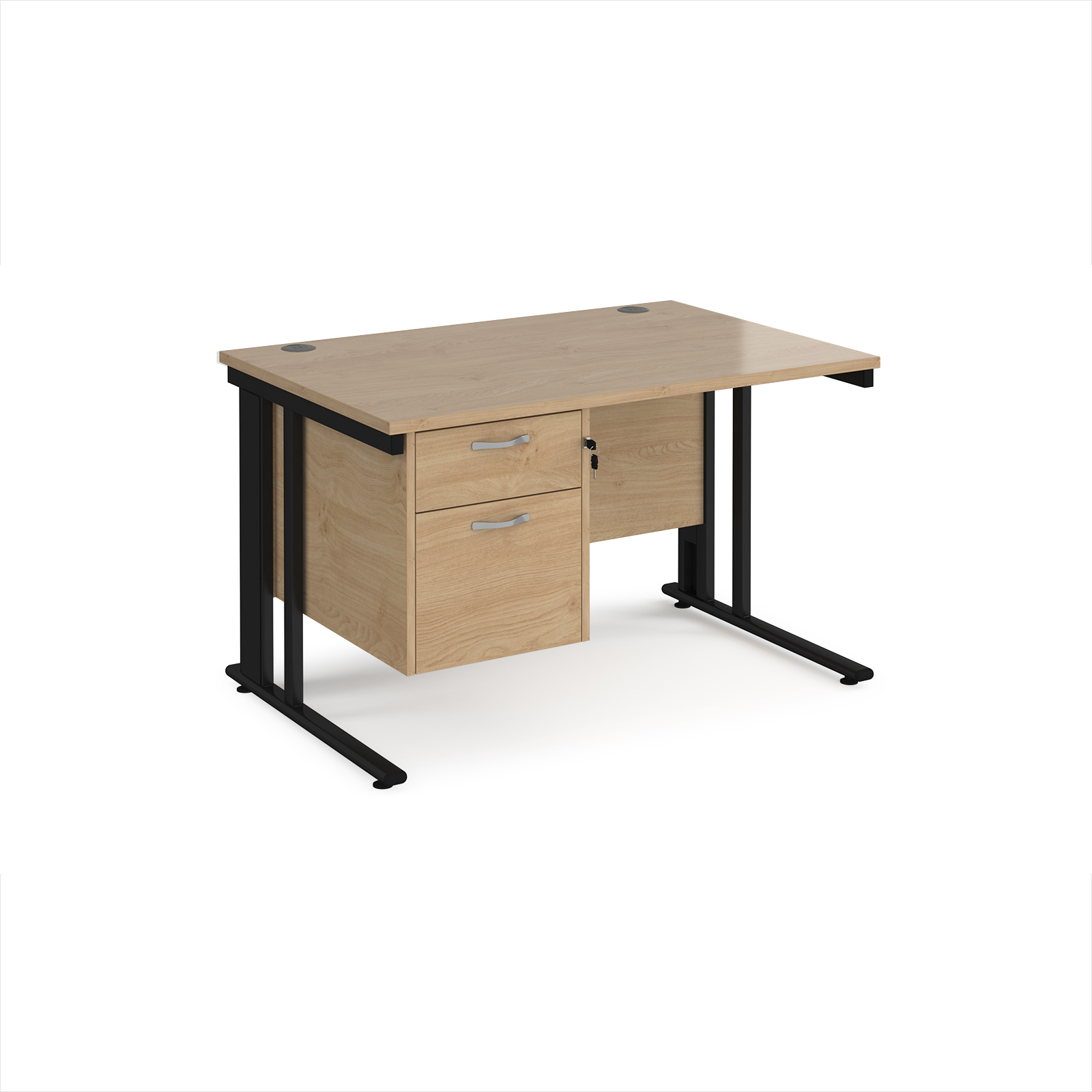 Picture of Maestro 25 straight desk 1200mm x 800mm with 2 drawer pedestal - black cable managed leg frame, Kendal Oak Top