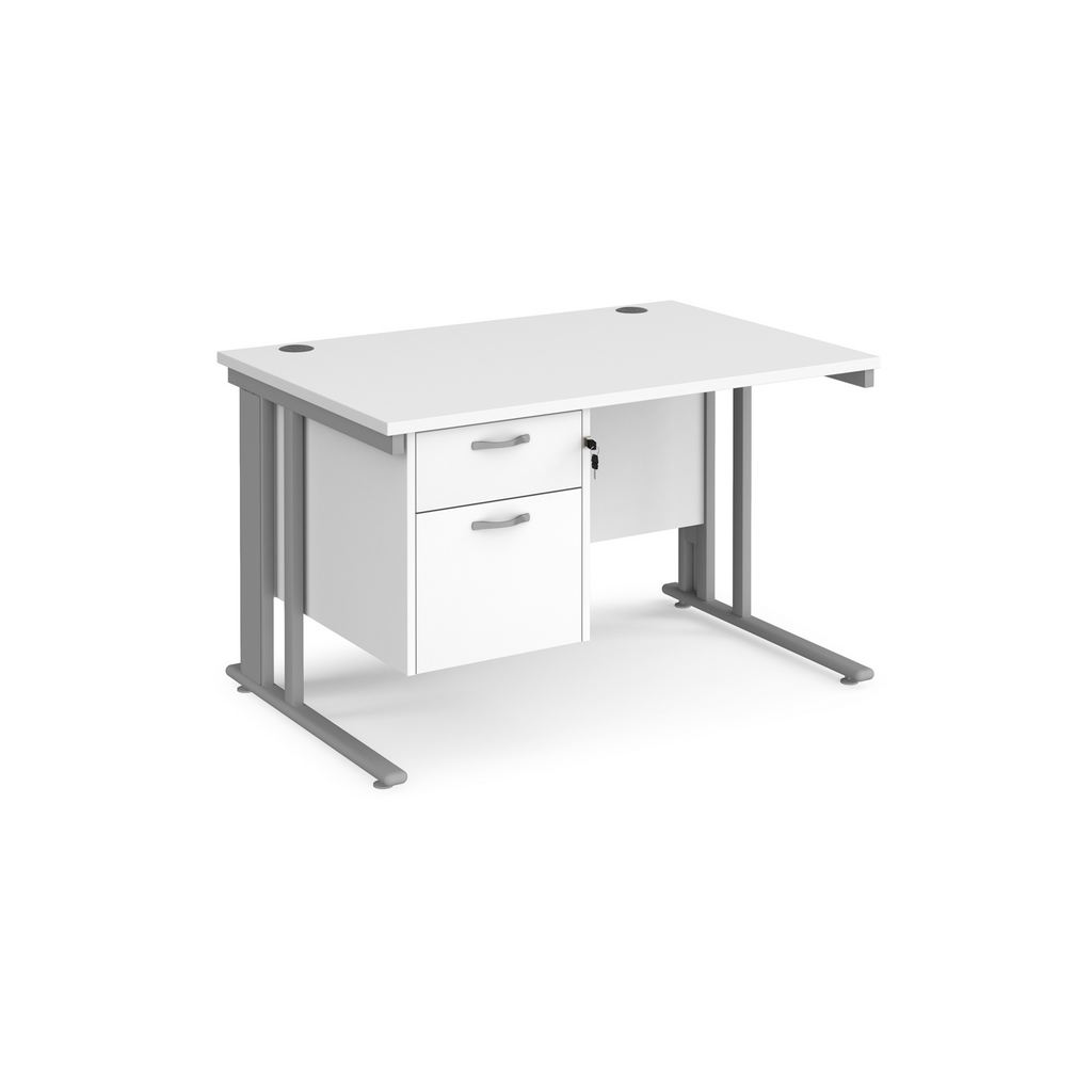 Picture of Maestro 25 straight desk 1200mm x 800mm with 2 drawer pedestal - silver cable managed leg frame, white top