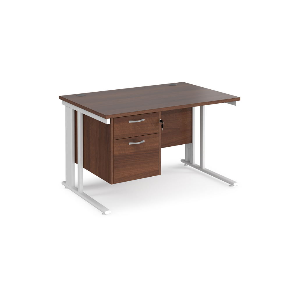 Picture of Maestro 25 straight desk 1200mm x 800mm with 2 drawer pedestal - white cable managed leg frame, walnut top