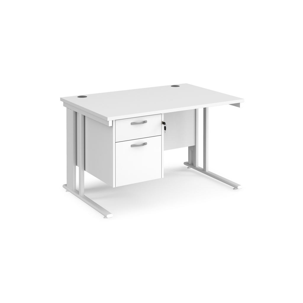 Picture of Maestro 25 straight desk 1200mm x 800mm with 2 drawer pedestal - white cable managed leg frame, white top