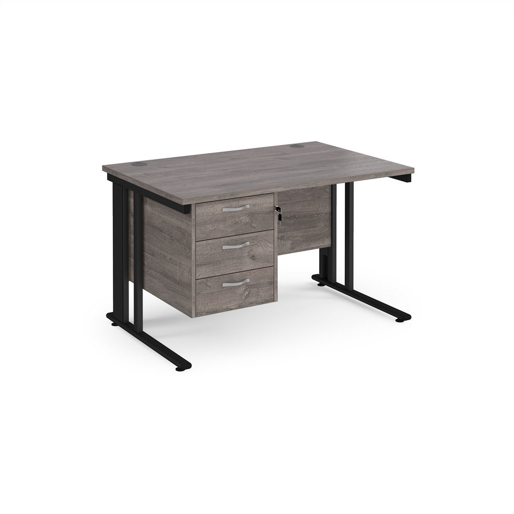 Picture of Maestro 25 straight desk 1200mm x 800mm with 3 drawer pedestal - black cable managed leg frame, grey oak top