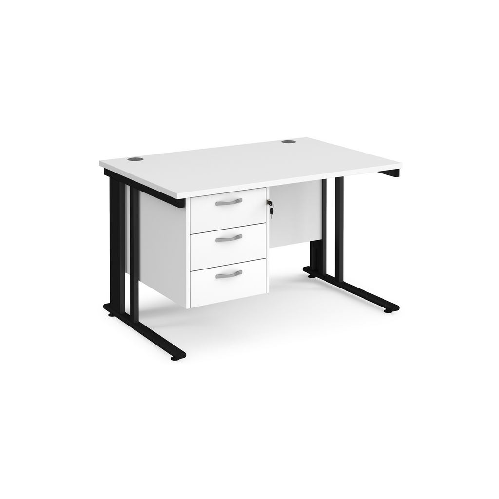 Picture of Maestro 25 straight desk 1200mm x 800mm with 3 drawer pedestal - black cable managed leg frame, white top