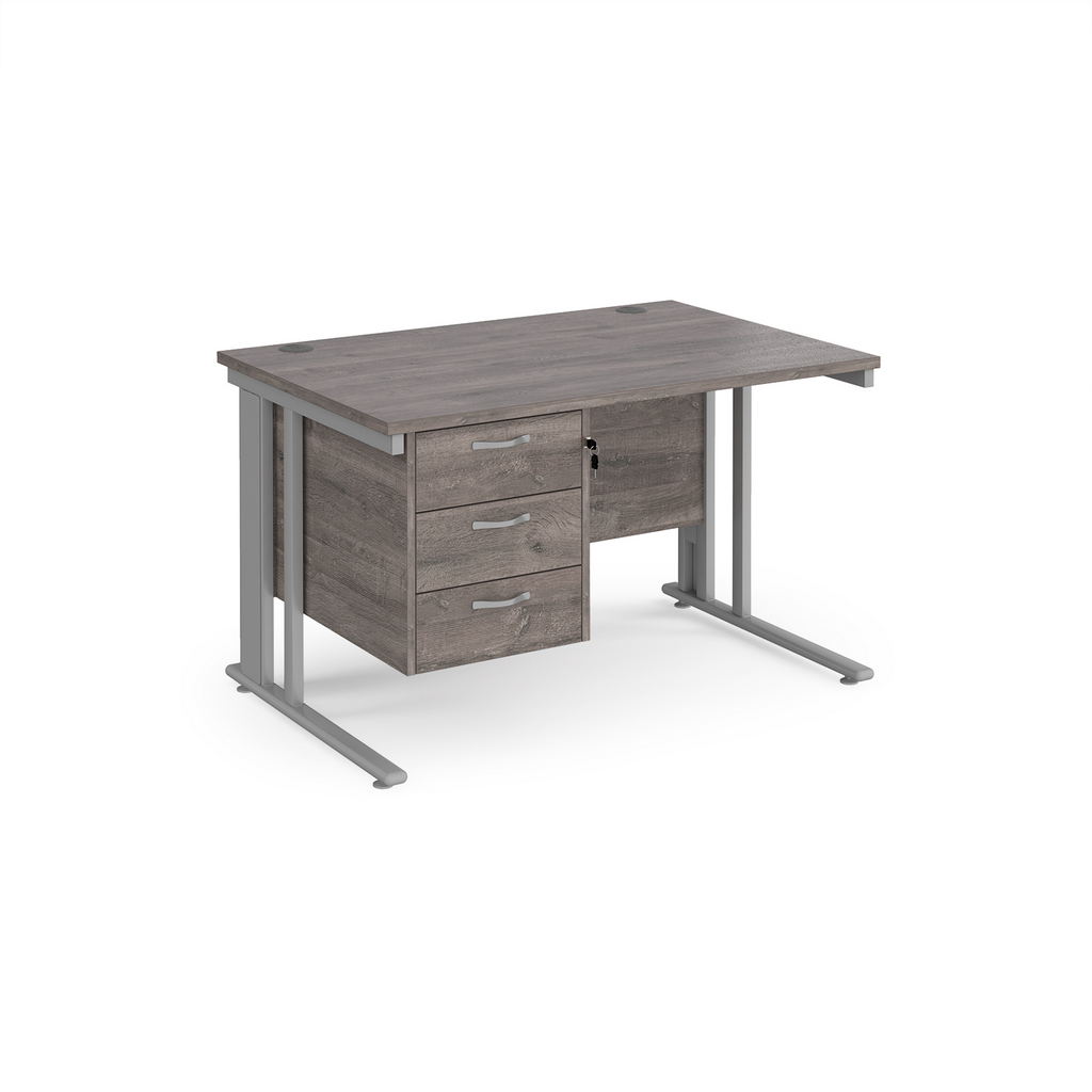 Picture of Maestro 25 straight desk 1200mm x 800mm with 3 drawer pedestal - silver cable managed leg frame, grey oak top