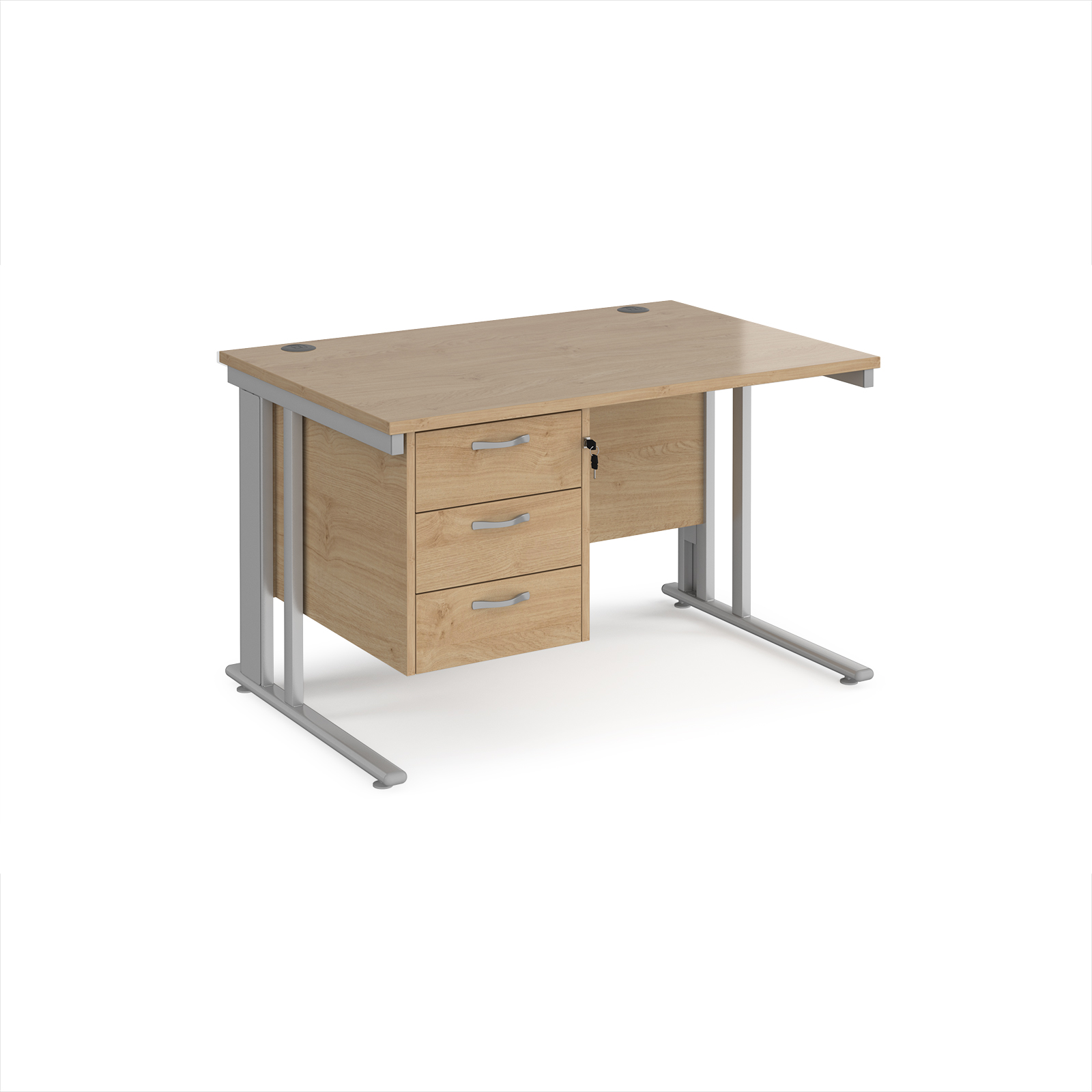 Picture of Maestro 25 straight desk 1200mm x 800mm with 3 drawer pedestal - silver cable managed leg frame, Kendal Oak Top