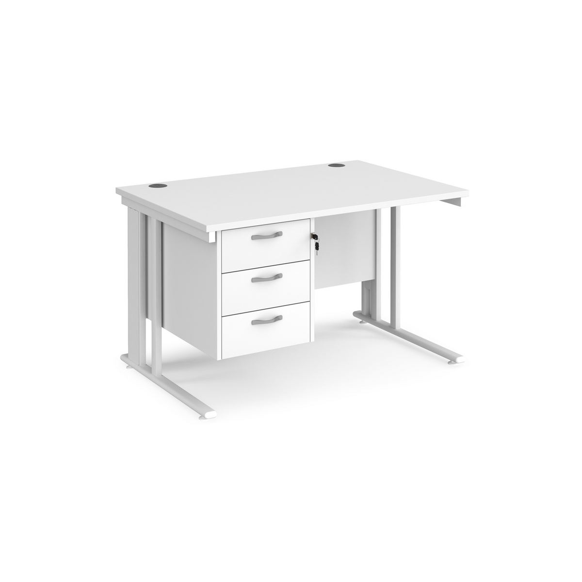 Picture of Maestro 25 straight desk 1200mm x 800mm with 3 drawer pedestal - white cable managed leg frame, white top