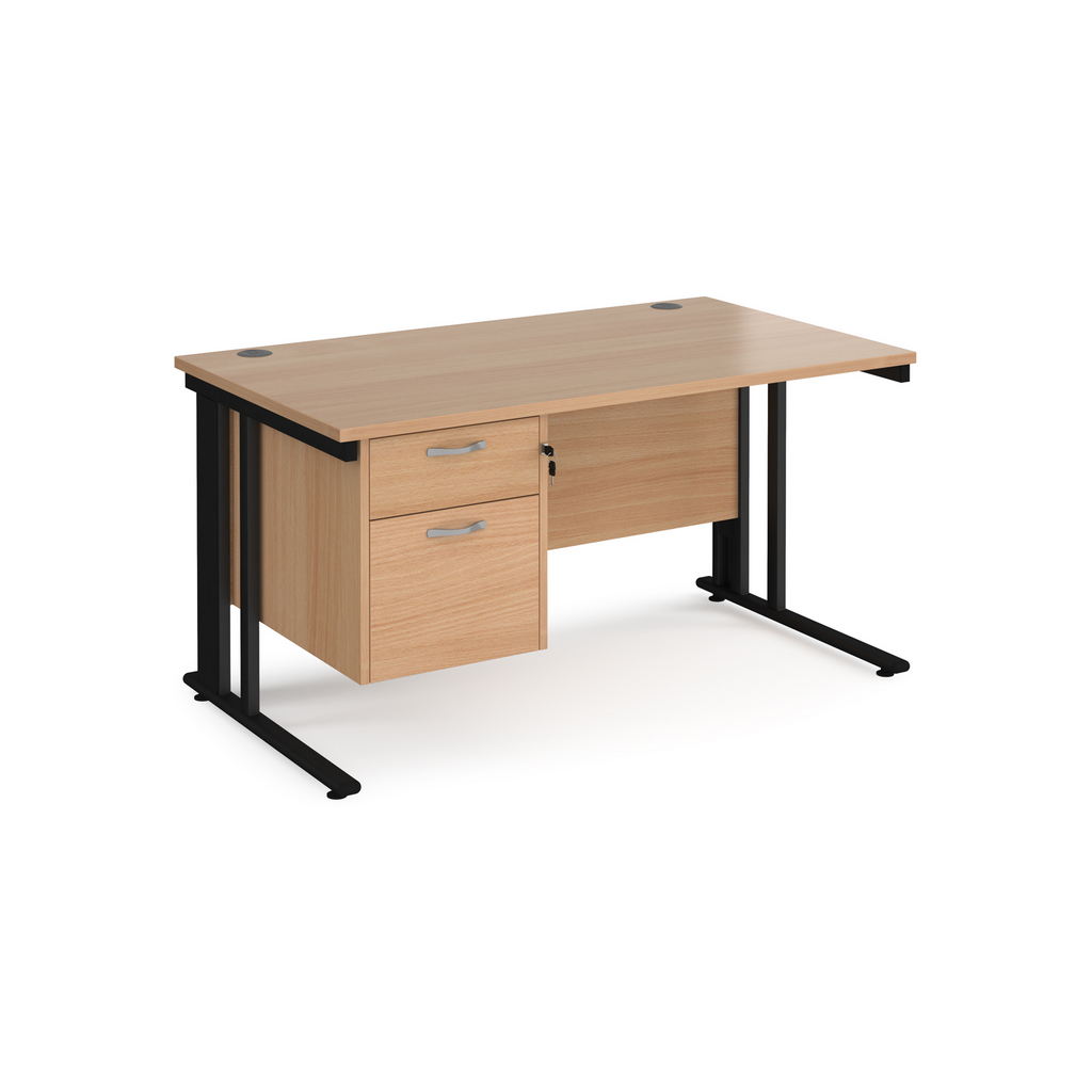 Picture of Maestro 25 straight desk 1400mm x 800mm with 2 drawer pedestal - black cable managed leg frame, beech top