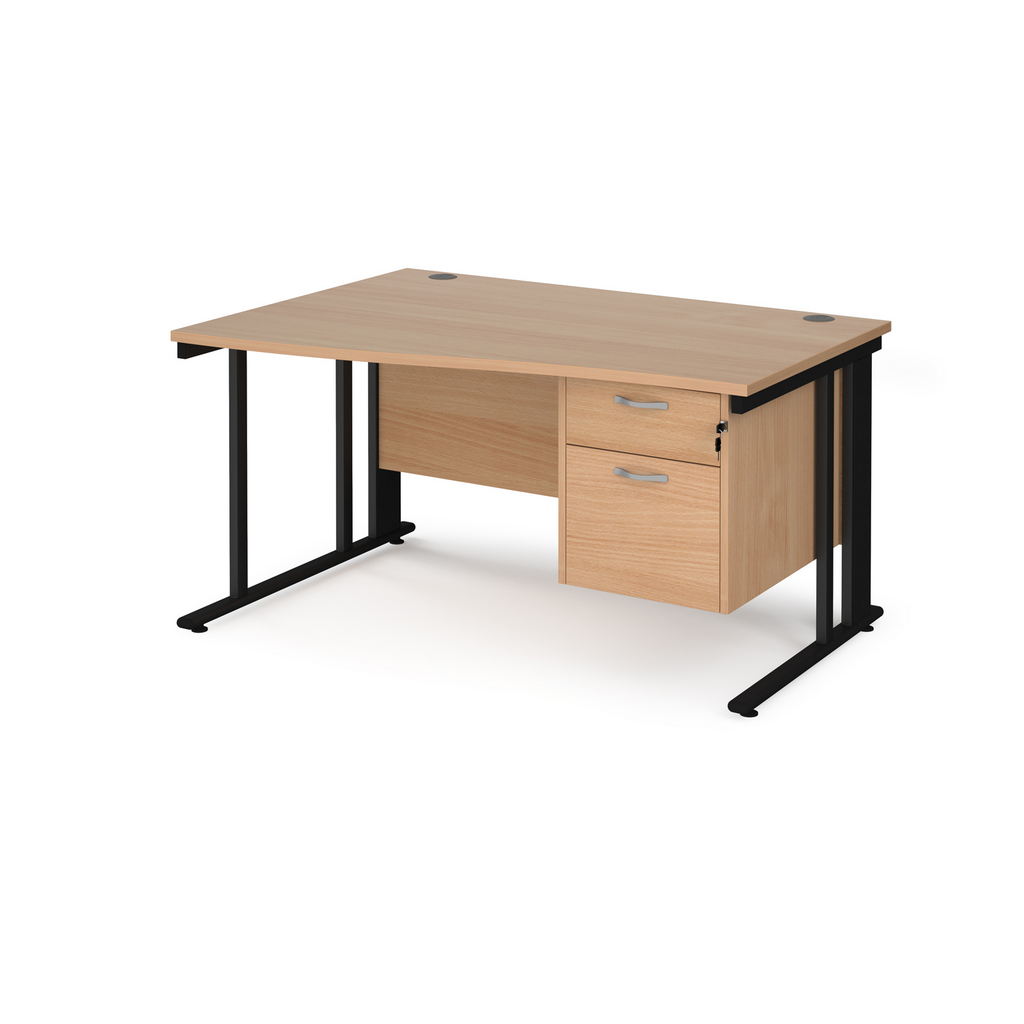 Picture of Maestro 25 left hand wave desk 1400mm wide with 2 drawer pedestal - black cable managed leg frame, beech top