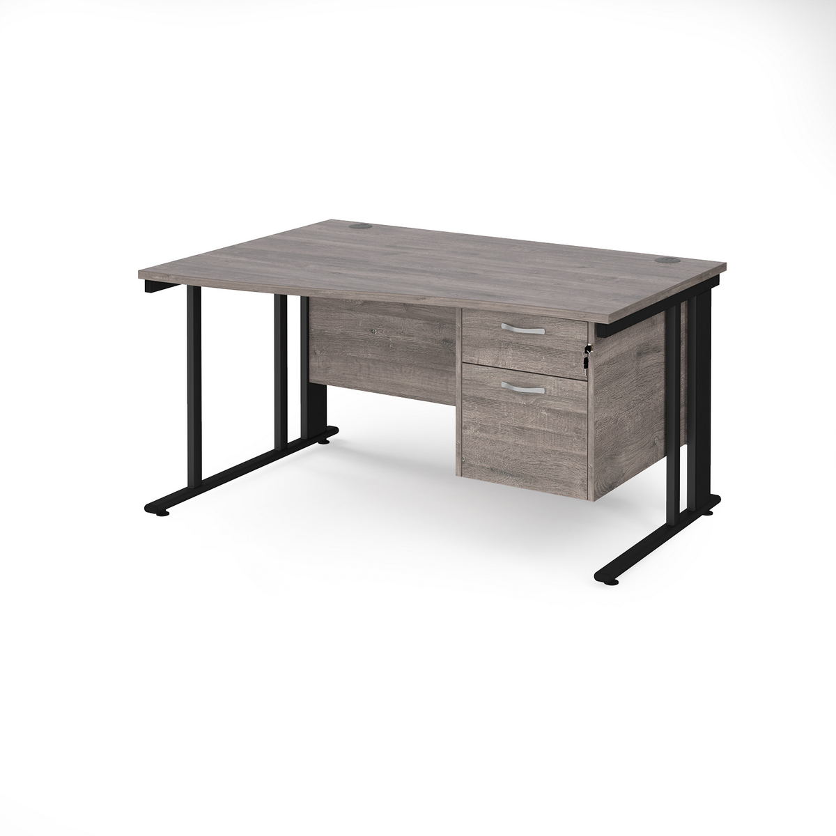 Picture of Maestro 25 left hand wave desk 1400mm wide with 2 drawer pedestal - black cable managed leg frame, grey oak top