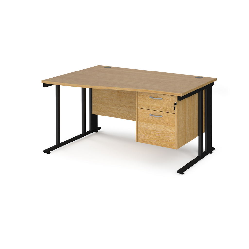 Picture of Maestro 25 left hand wave desk 1400mm wide with 2 drawer pedestal - black cable managed leg frame, oak top