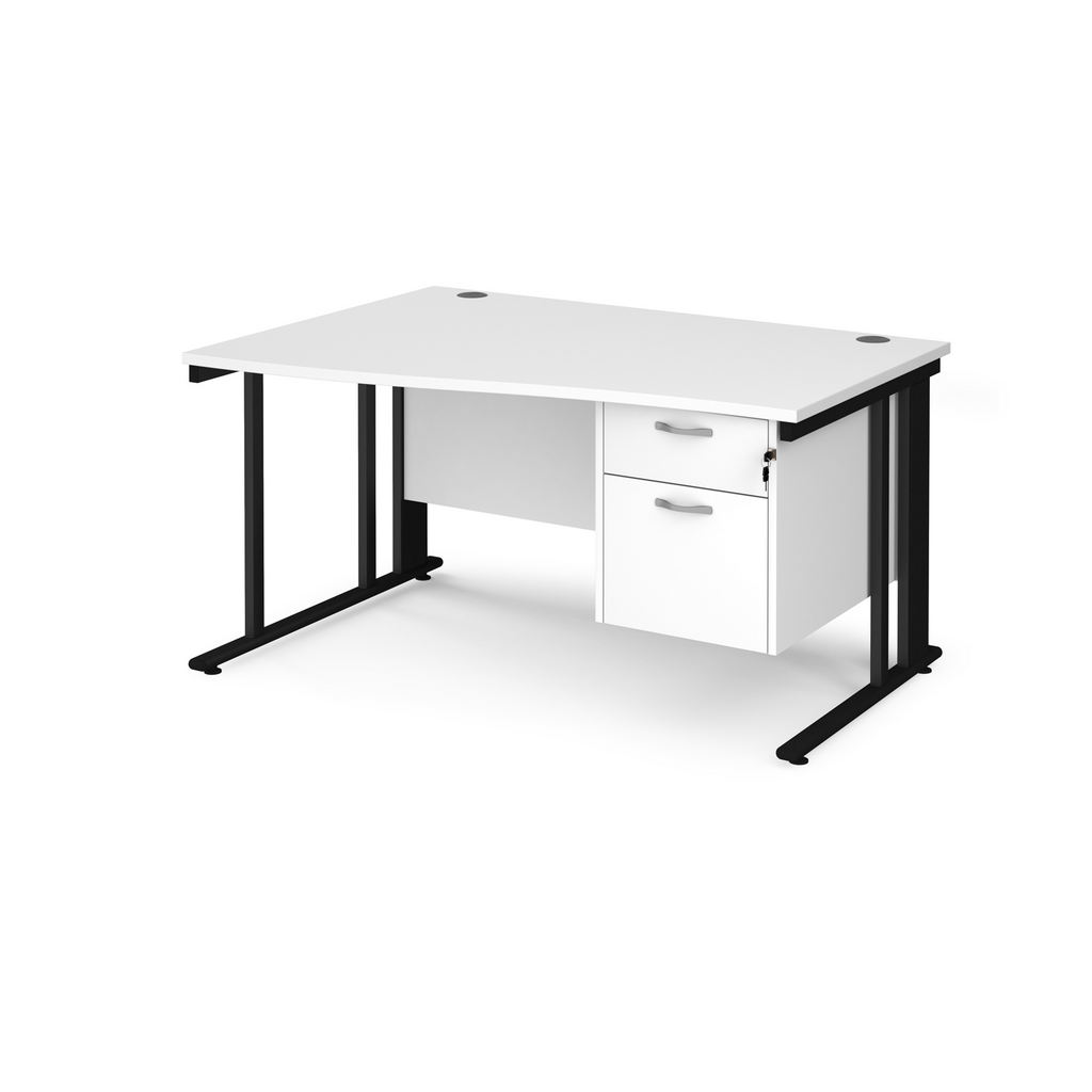 Picture of Maestro 25 left hand wave desk 1400mm wide with 2 drawer pedestal - black cable managed leg frame, white top