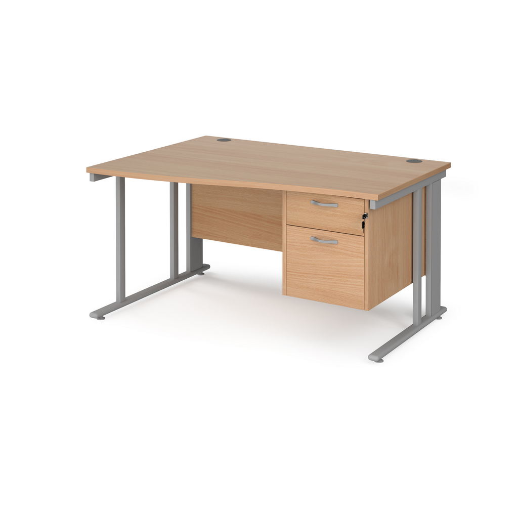 Picture of Maestro 25 left hand wave desk 1400mm wide with 2 drawer pedestal - silver cable managed leg frame, beech top